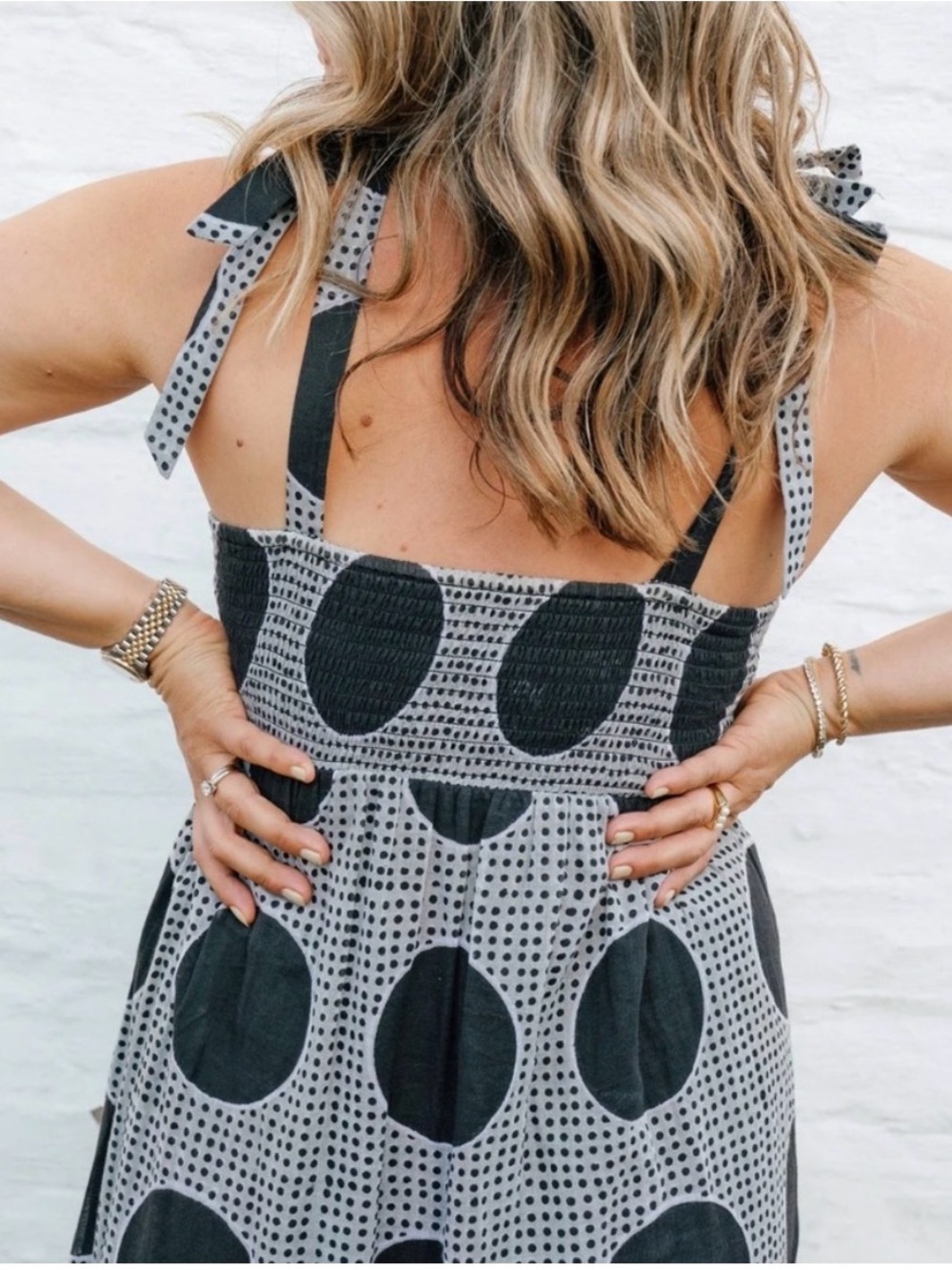 Carly Jean Los Angeles Black & Gray Cotton Polka Dot Tie-Shoulder Maxi Dress L - Picture 3 of 11